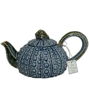 Blue Sky Ceramics Majolica Sea Urchin Tea Pot Ocean Blue Lid w/Seashell Knob